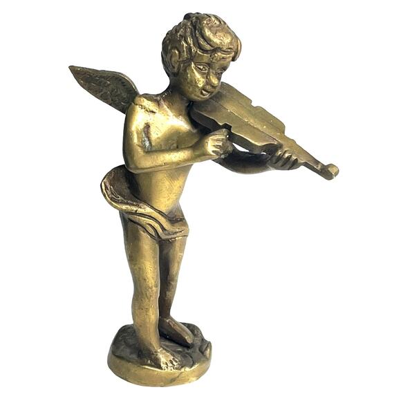 Brass Cherub Figurine 6" Angel Statue Playing Violin Viola Child Vintage Solid - Picture 1 of 5